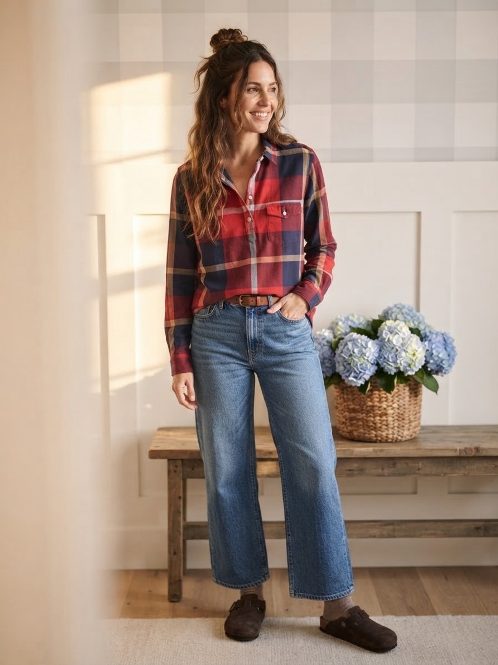 J. Crew Red and Navy Plaid Button-Front Blouse Medium
